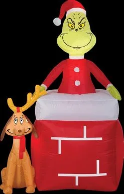 Morris Airblown Grinch Out Of Chimney With Max Medume Inflatable Scene - Dr. Seuss