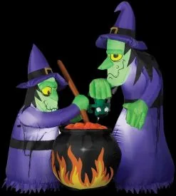 Morris "Double Witch And Cauldron" Animated Air-blown Inflatable Decoration - 6 Foot Tall