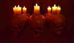 Skeletons And More "Skull Chandelier With 8 Skulls And Flameless Candles" Haunted House Lighting -Halloween Horror Decorations Shop skull chandelier with 8 skulls and flameless candles haunted house lighting 23696522049